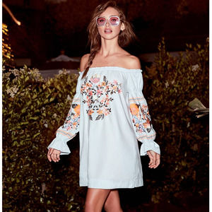 Free People Fleur Du Jour Light Blue Embroidered Mini Dress Long Bubble Sleeve